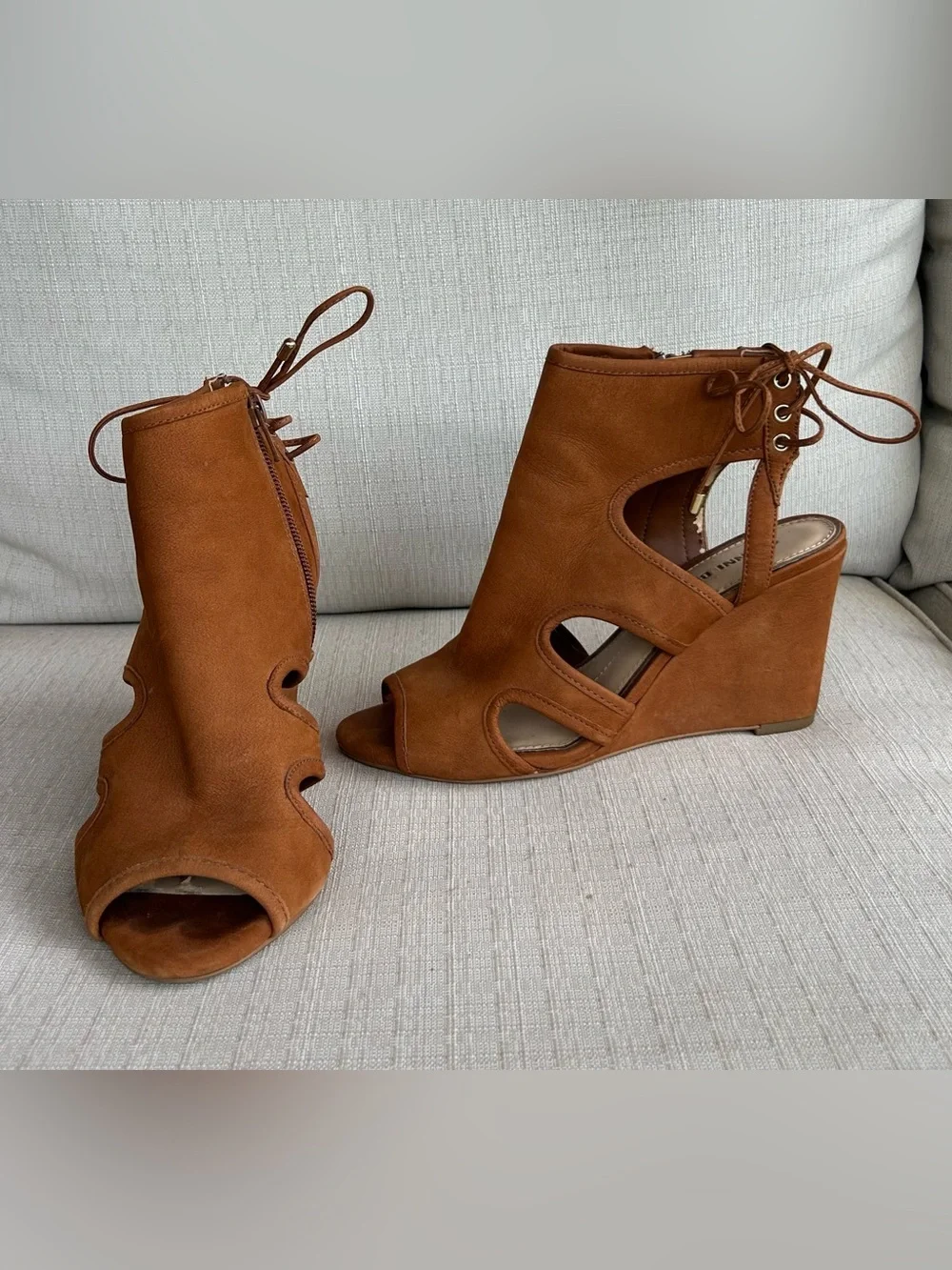 Gianni Bini Suede Lace-Up Heels in Cognac Brown